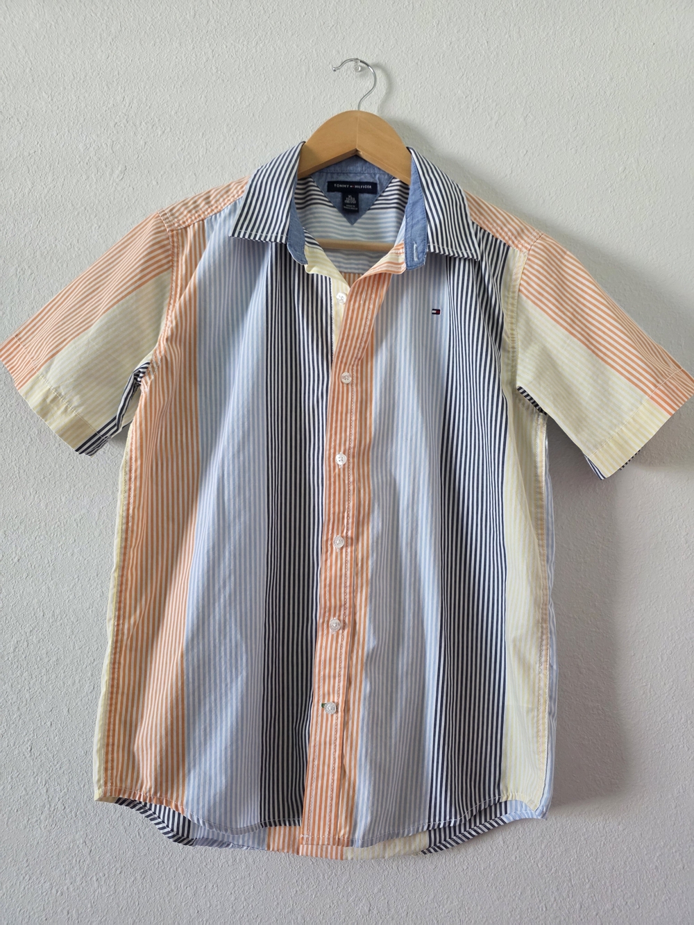 Kids Short-Sleeve Multi-Stripe Button-Up Shirt - Blue, Peach, Cream